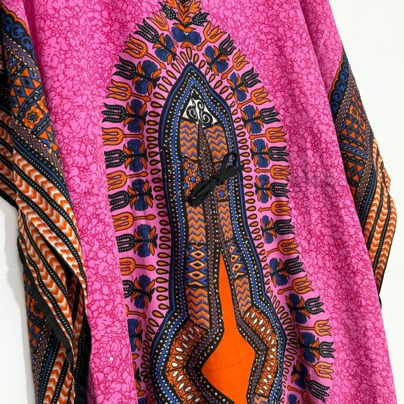African Print Kaftan Cover up Dress With Drawstring, Pink Orange Black size S/M - Picture 3 of 5